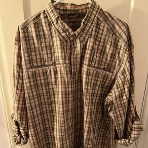 Green and orange long sleeve check with arm straps to roll up sleeves